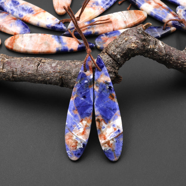 Natural Orange Sodalite Long Slender Teardrop Earring Pair Matched Gemstone Beads A3
