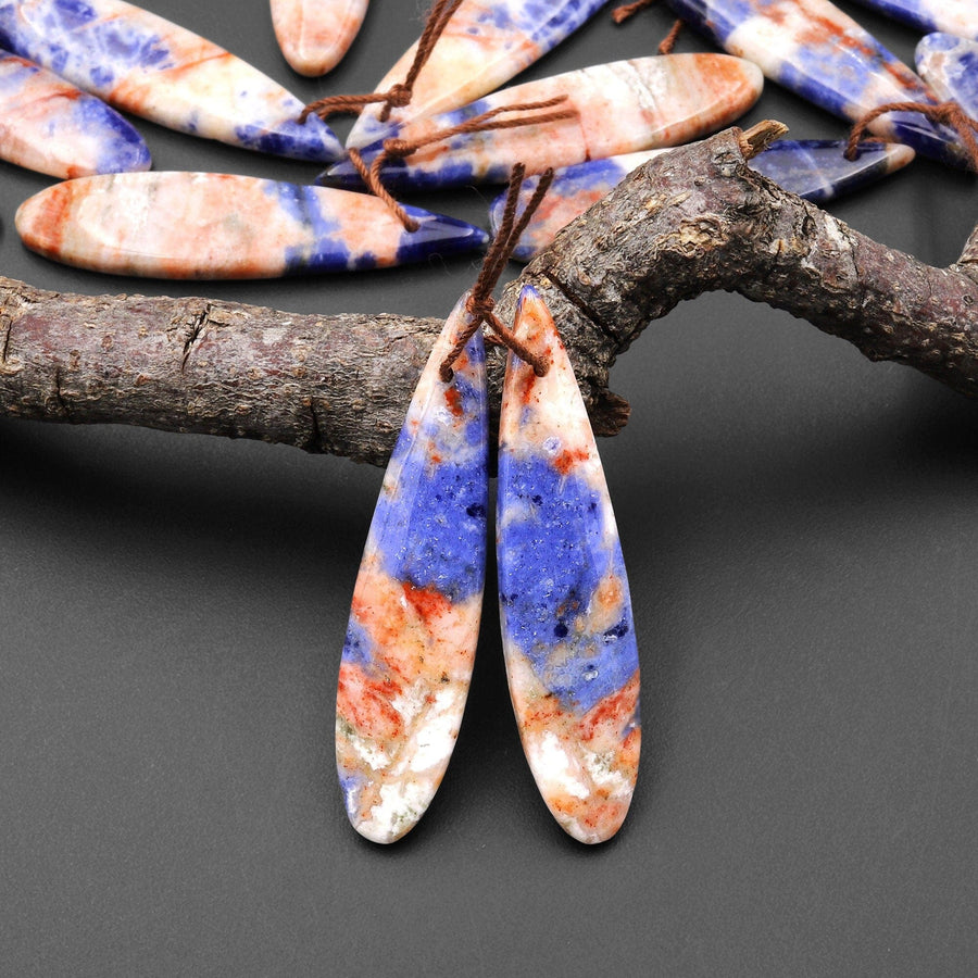 Natural Orange Sodalite Long Slender Teardrop Earring Pair Matched Gemstone Beads A6