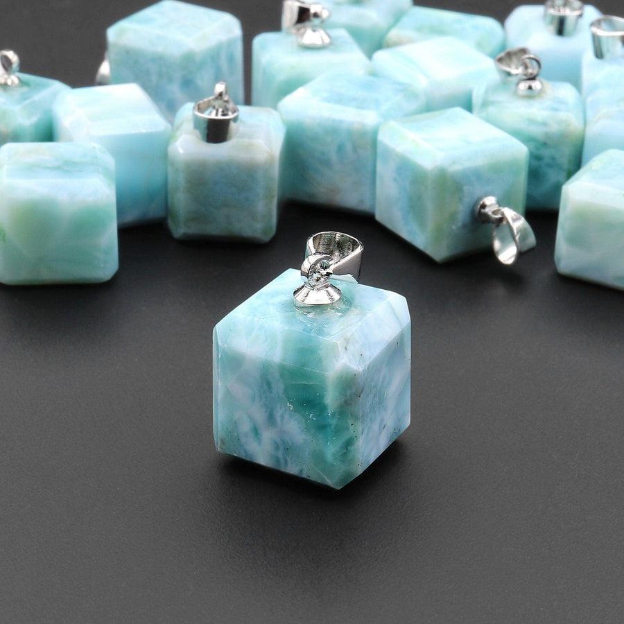 Natural Blue Larimar Faceted Cube Dice Pendant 13mm Gemstone A1