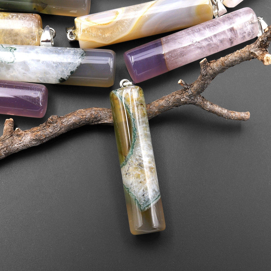 Natural Brazilian Phantom Quartz Long Cylinder Pendant Natural Purple Green Golden Brown Yellow Crystal Focal Bead