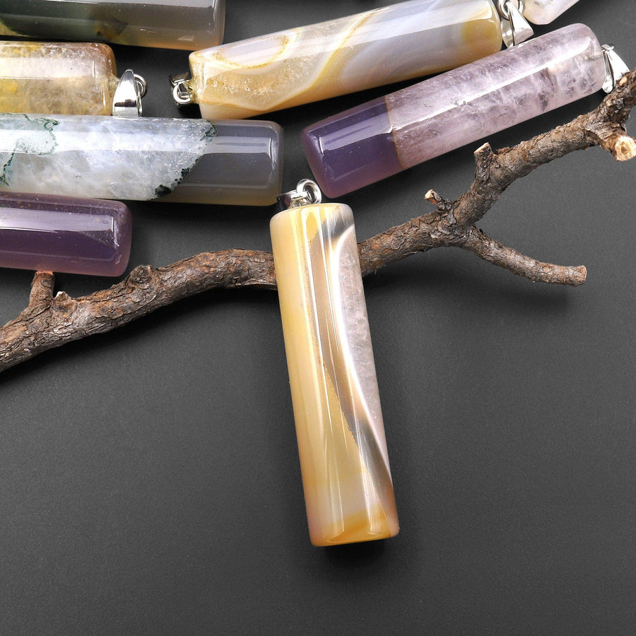 Natural Brazilian Phantom Quartz Long Cylinder Pendant Natural Purple Green Golden Brown Yellow Crystal Focal Bead