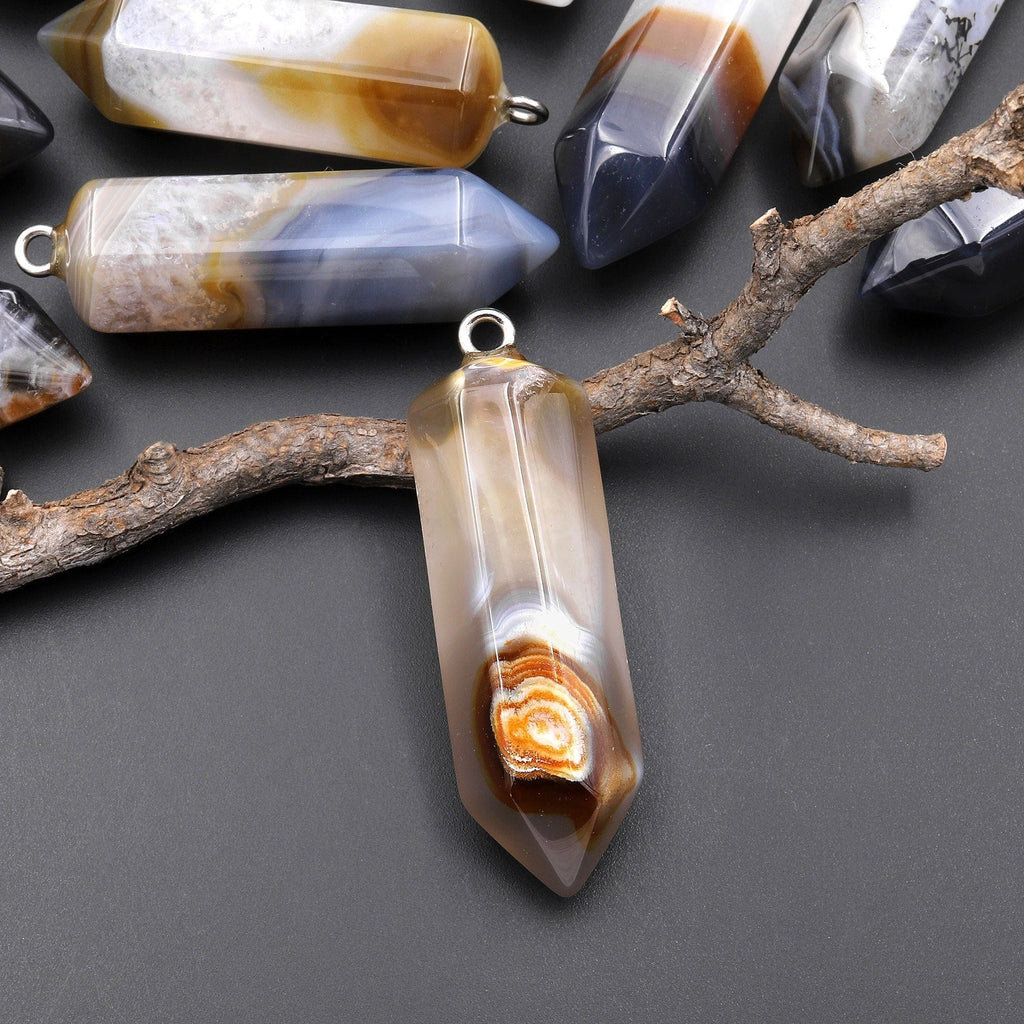 Natural Brazilian Phantom Quartz Point Pendant Natural Golden Brown Smoky Gray Crystal Focal Bead A6