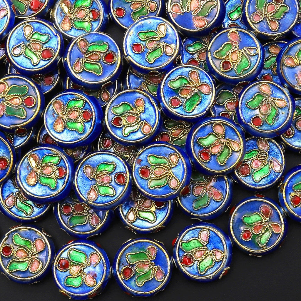 Hand Made Blue Cloisonné Coin Disc Beads 14mm Decorative Floral Enamel Vintage Look 15.5" Strand