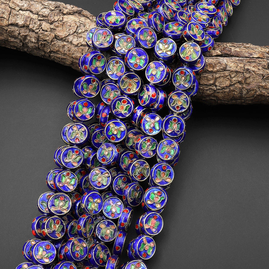 Hand Made Royal Blue Cloisonné Coin Disc Beads 11mm 14mm Decorative Floral Enamel Vintage Look 15.5" Strand