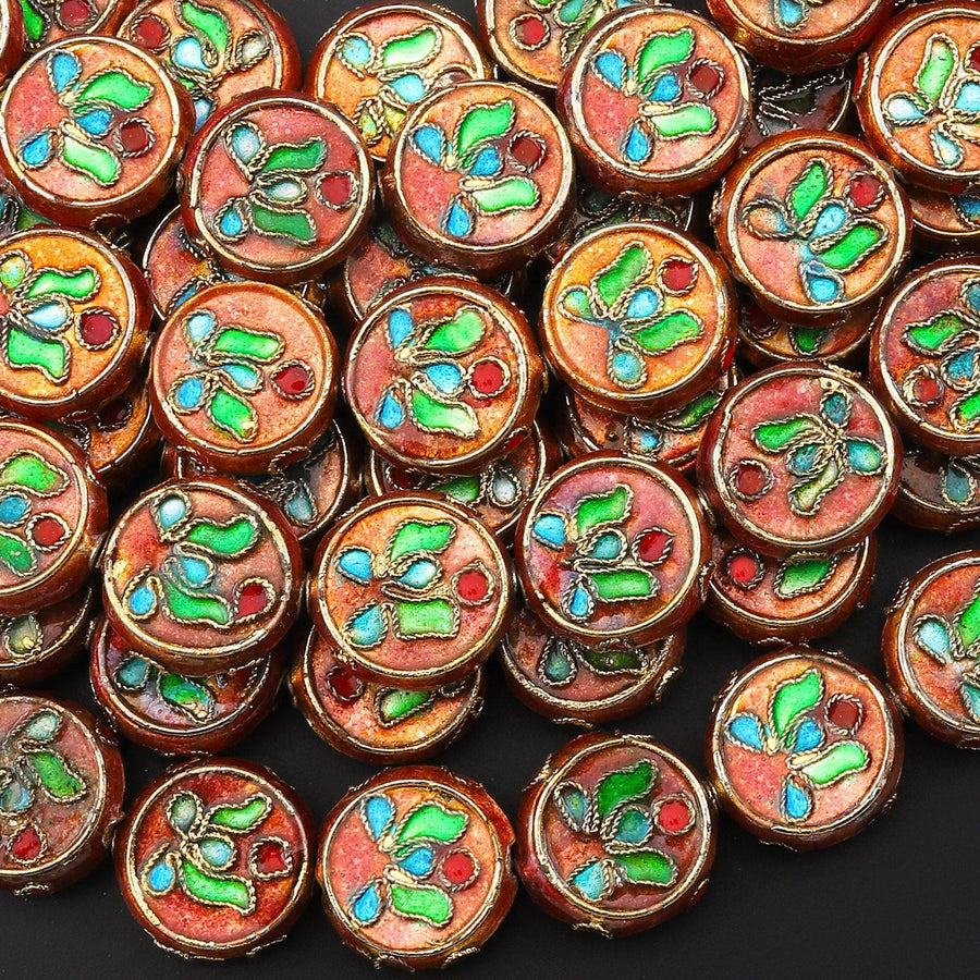 Hand Made Golden Orange Red Cloisonné Coin Disc Beads 14mm Decorative Floral Enamel Vintage Look 15.5" Strand