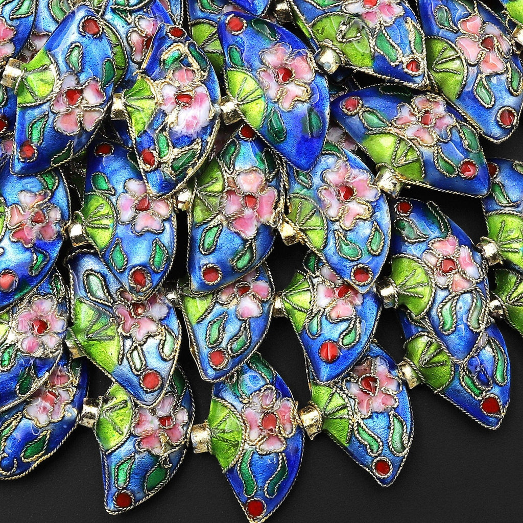 Hand Made Blue Pink Red Green Fan Cloisonné Beads Decorative Floral Enamel Antique Vintage Look 15.5" Strand