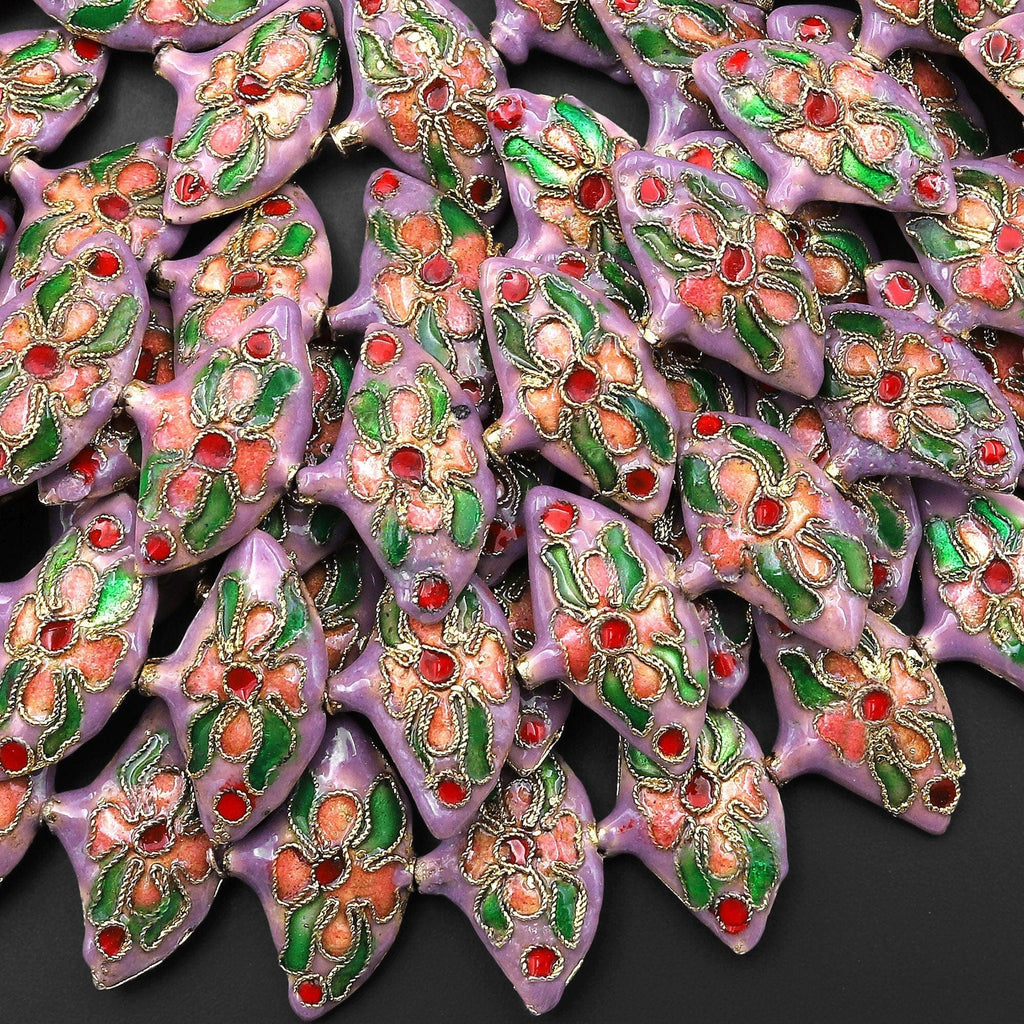 Hand Made Lilac Purple Peach Green Red Fan Cloisonné Beads Decorative Floral Enamel Antique Vintage Look 15.5" Strand