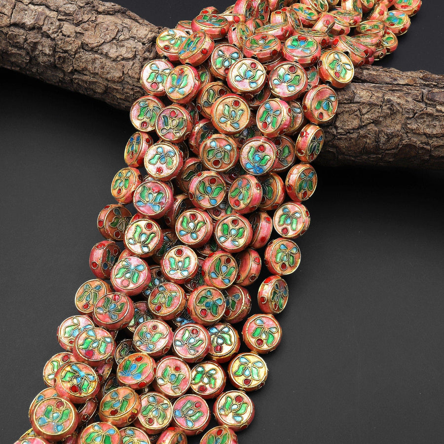 Vibrant Golden Peach Red Cloisonné Coin Disc Beads 14mm Decorative Floral Enamel Vintage Look 15.5" Strand