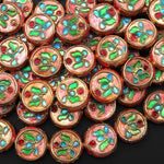 Vibrant Golden Peach Red Cloisonné Coin Disc Beads 14mm Decorative Floral Enamel Vintage Look 15.5" Strand