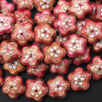 Hand Made Golden Pink Cherry Blossom Cloisonné Diamond Beads 16mm Decorative Floral Copper Enamel 15.5" Strand