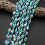 Turquoise Blue Pink Green Cloisonné Diamond Bead 20mm Decorative Floral 15.5" Strand