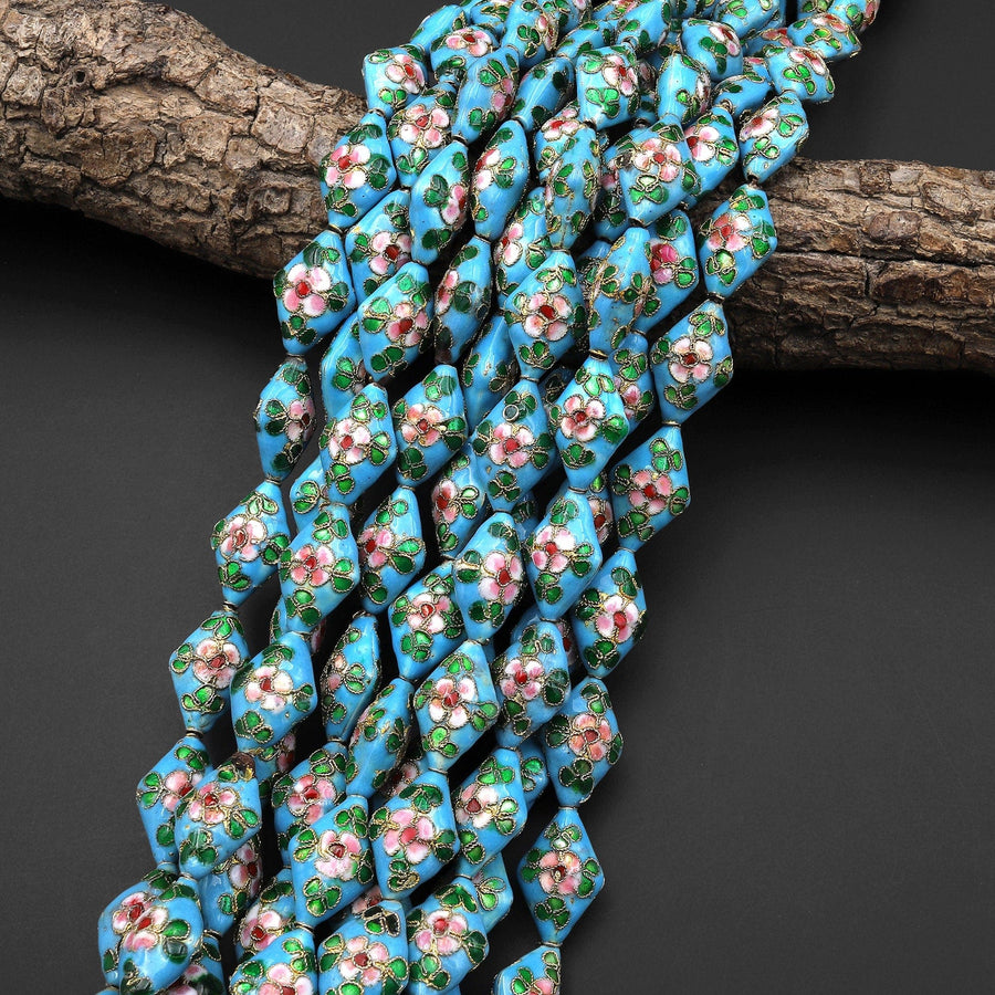 Turquoise Blue Pink Green Cloisonné Diamond Bead 20mm Decorative Floral 15.5" Strand