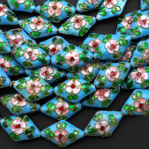 Turquoise Blue Pink Green Cloisonné Diamond Bead 20mm Decorative Floral 15.5" Strand