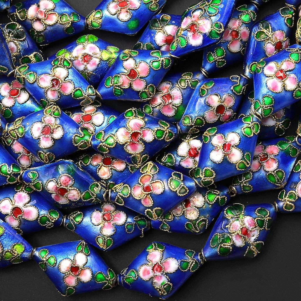 Hand Made Cobalt Blue Pink Green Cloisonné Diamond Bead 20mm Decorative Floral 15.5" Strand