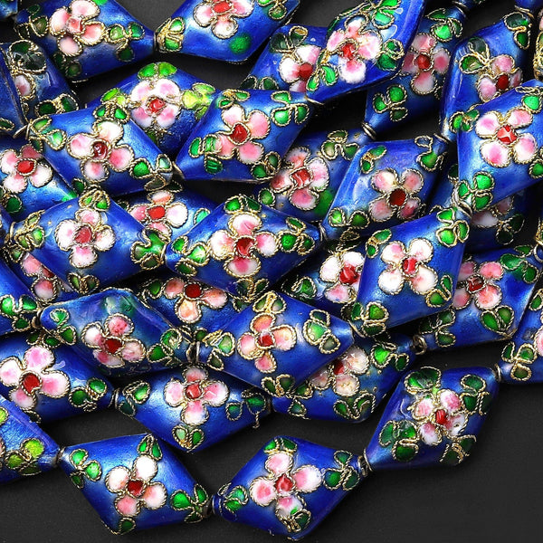 Hand Made Cobalt Blue Pink Green Cloisonné Diamond Bead 20mm Decorative Floral 15.5" Strand