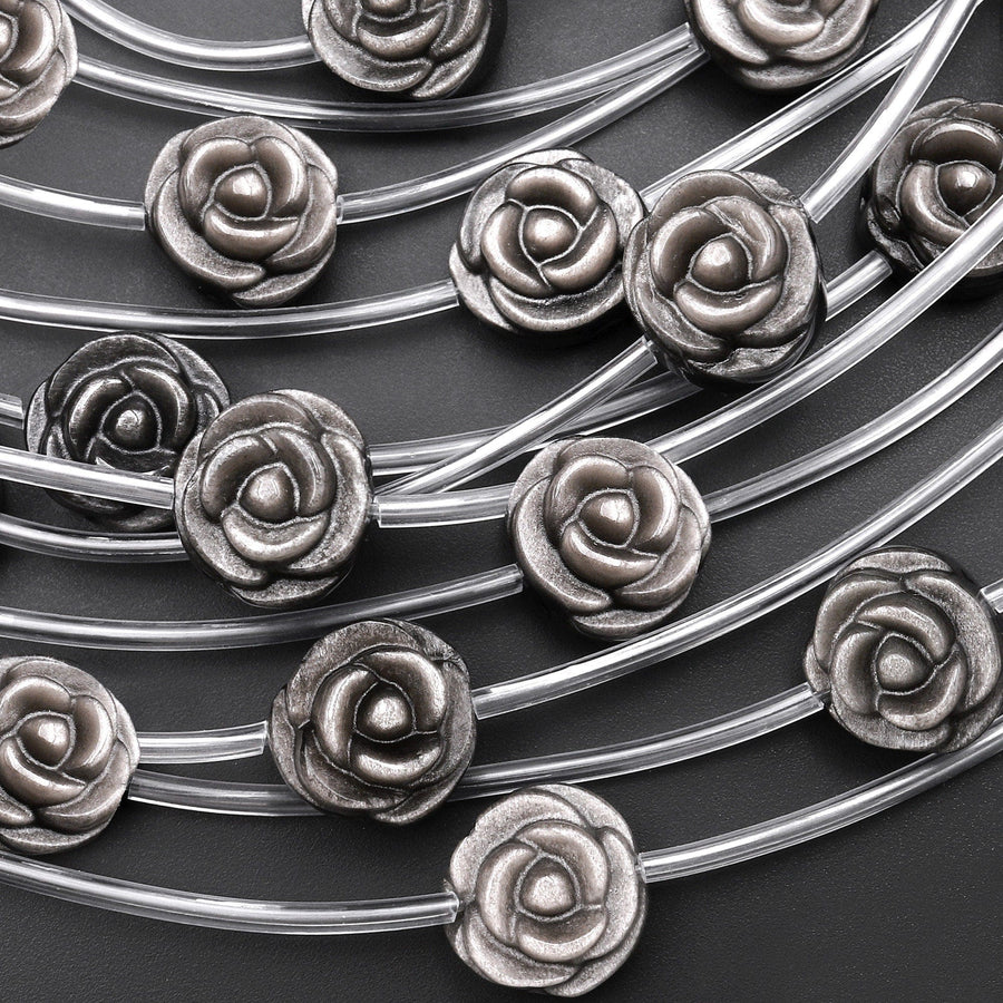 AAA Hand Carved Natural Silver Obsidian Rose Flower Gemstone Beads 14mm