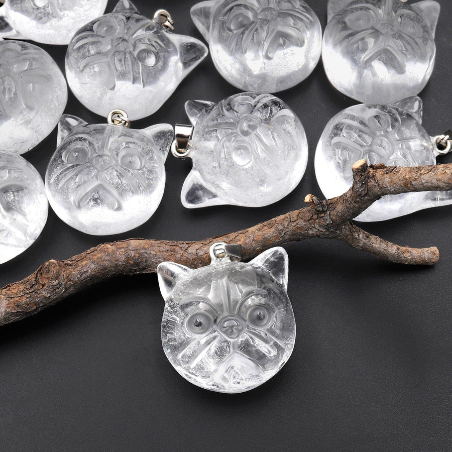 Hand Carved Natural Rock Crystal Quartz Cat Head Pendant Gemstone Jewelry