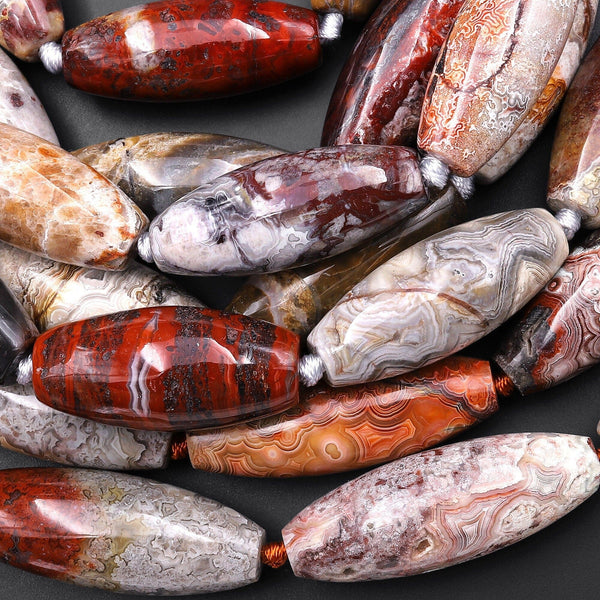 Large Natural Laguna Lace Agate 40mm Long Barrel Cylinder Beads 15.5" Strand