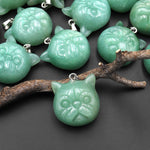 Hand Carved Natural Green Aventurine Cat Head Pendant Gemstone Jewelry