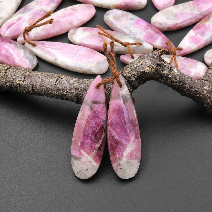 Natural Pink Tourmaline in Quartz Teardrop Drilled Matched Gemstone Earring Bead Pair