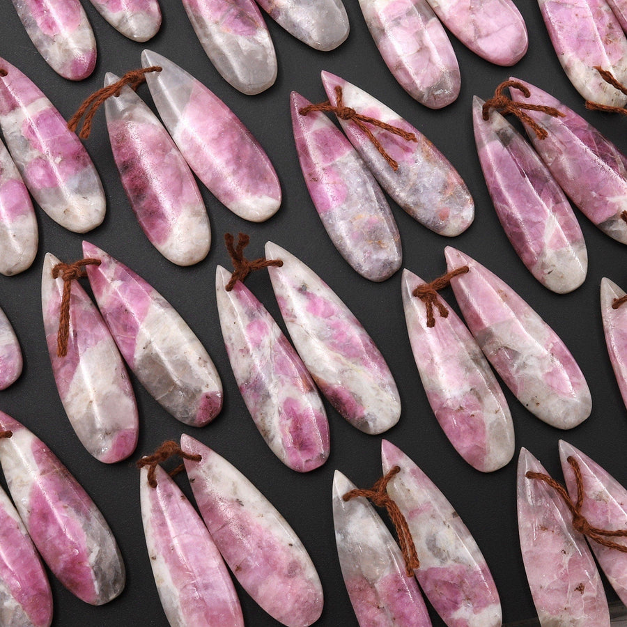 Natural Pink Tourmaline in Quartz Teardrop Drilled Matched Gemstone Earring Bead Pair