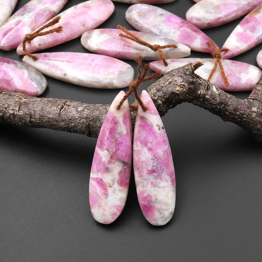 Natural Pink Tourmaline in Quartz Teardrop Drilled Matched Gemstone Earring Bead Pair A1