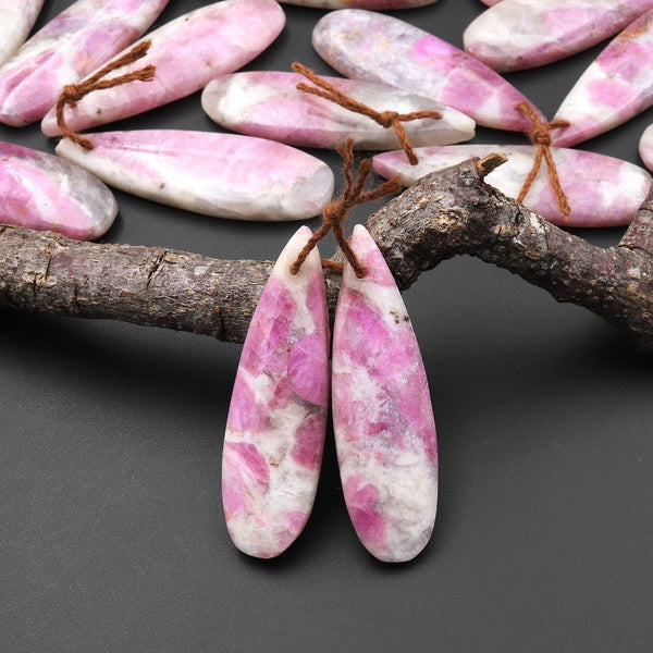 Natural Pink Tourmaline in Quartz Teardrop Drilled Matched Gemstone Earring Bead Pair