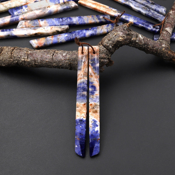 Natural Orange Sodalite Long Slender Beveled Rectangle Earring Pair Matched Gemstone Beads A1