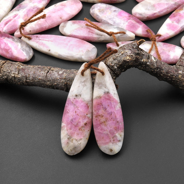 Natural Pink Tourmaline in Quartz Teardrop Drilled Matched Gemstone Earring Bead Pair A3