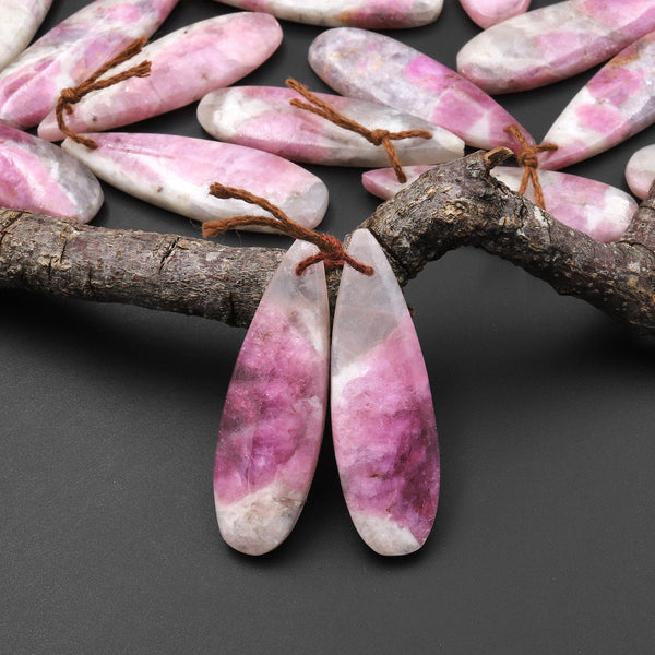 Natural Pink Tourmaline in Quartz Teardrop Drilled Matched Gemstone Earring Bead Pair A4