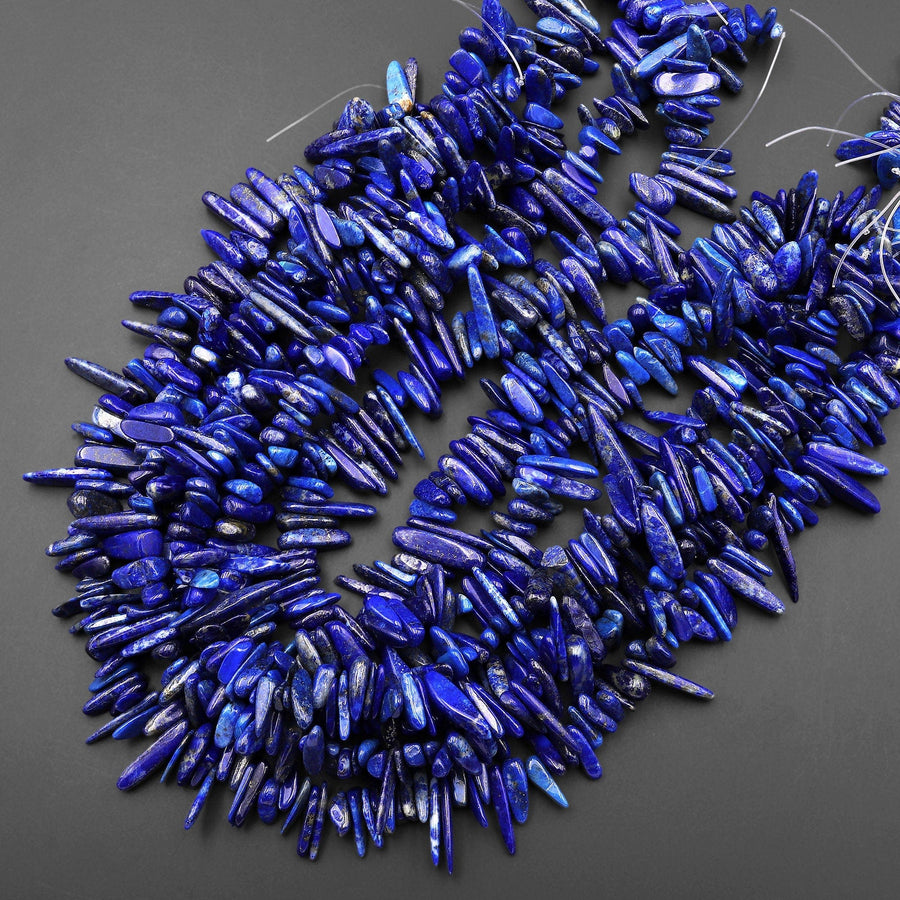 Natural Blue Lapis Long Freeform Chip Pebble Nugget Beads Top Side Drilled Gemstone 15.5" Strand