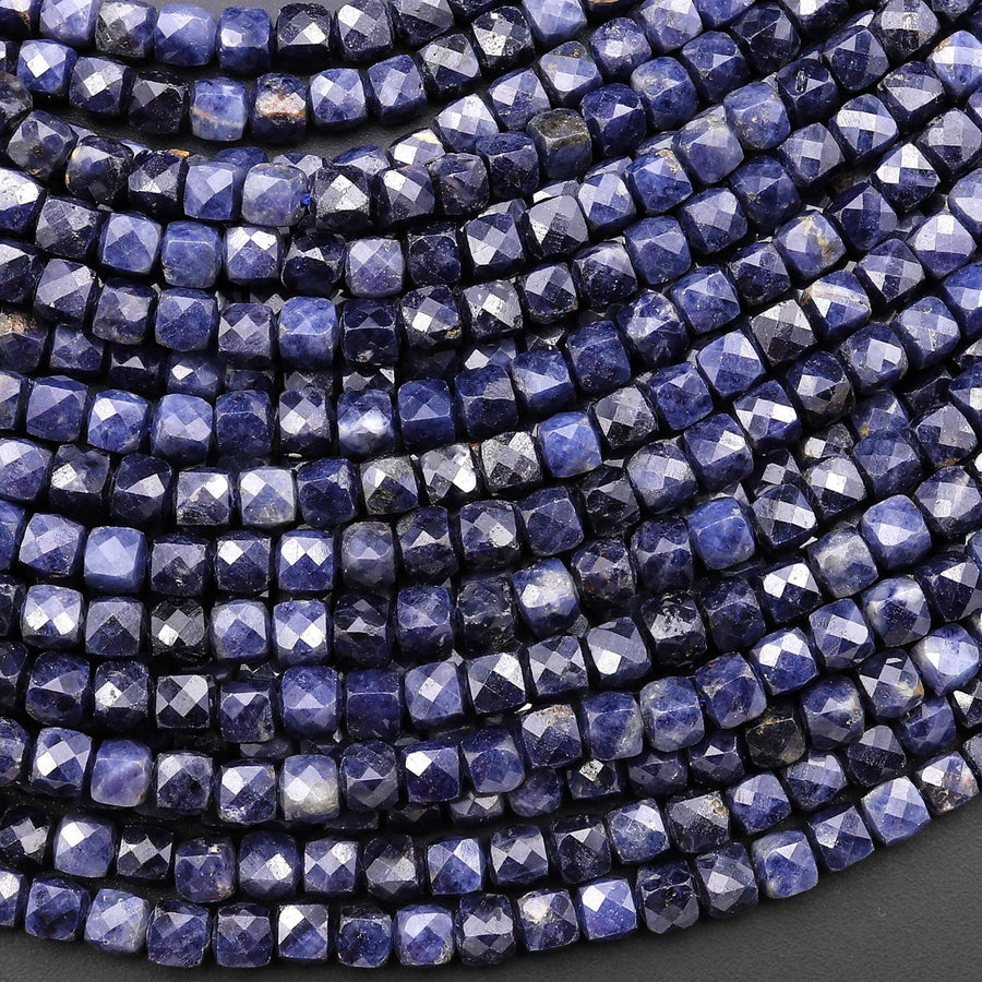 Genuine Natural Blue Sapphire Faceted Gemstone Cube Beads 4mm 15.5" Strand