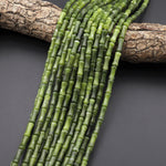 Natural Russian Green Serpentine Jade Carved Bamboo Stem Tube Beads 15.5" Strand