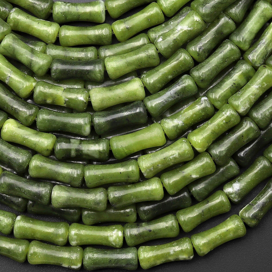 Natural Russian Green Serpentine Jade Carved Bamboo Stem Tube Beads 15.5" Strand