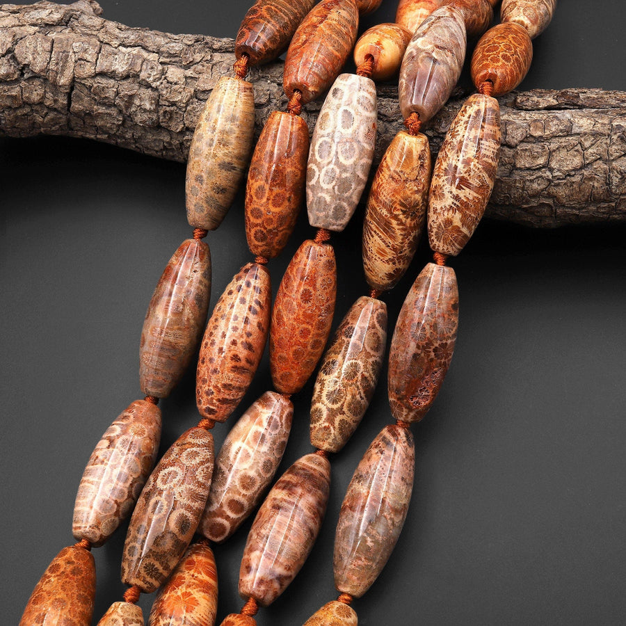 AAA Large Natural Orange Red Indonesian Fossil Coral Beads Long Drum 40mm 15.5" Strand