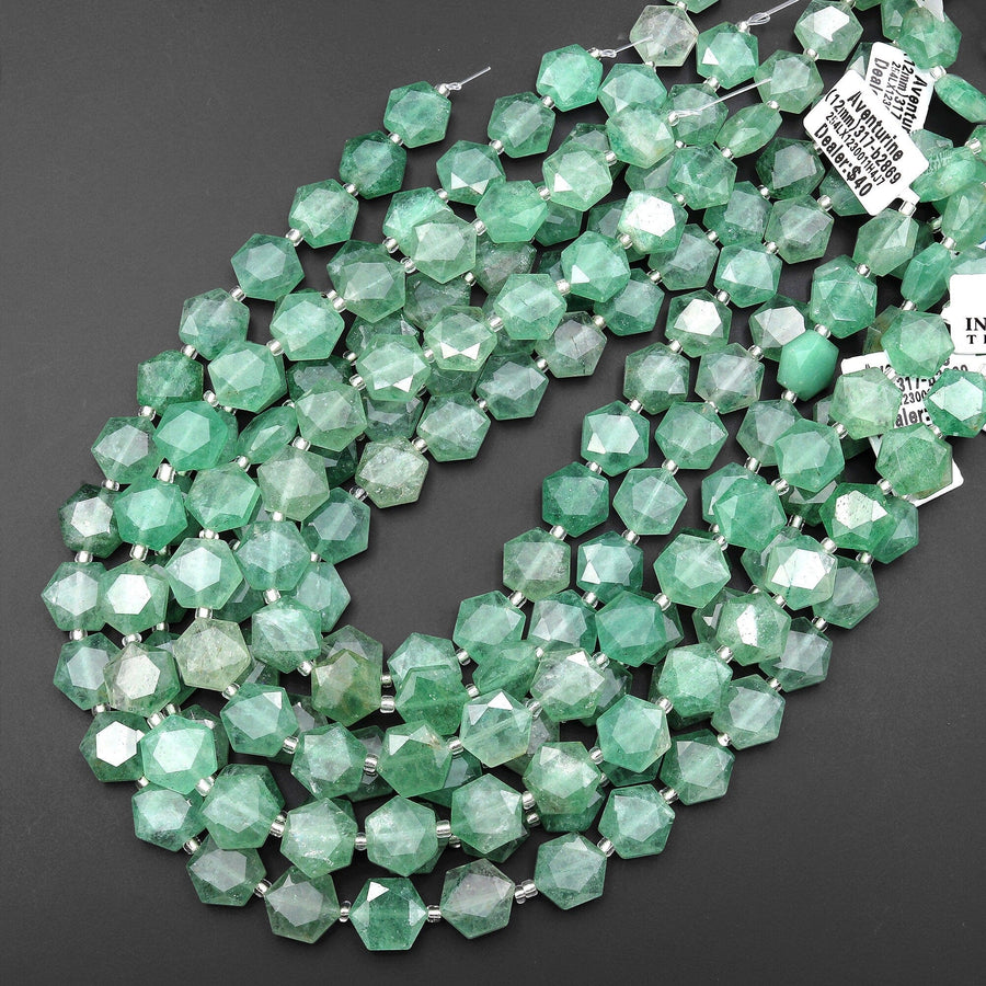 AAA Faceted Natural Green Chalcedony Geometric Hexagon Coin 12mm Gemstone 15.5" Strand