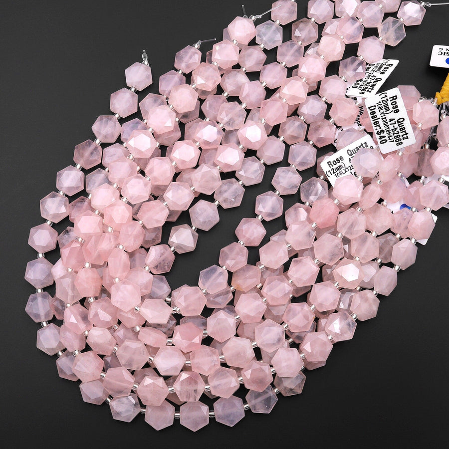 AAA Faceted Natural Pink Rose Quartz Geometric Hexagon Coin 12mm Gemstone 15.5" Strand