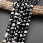 Natural Black Agate Smooth Barrel Beads W/ White Quartz Matrix 15.5" Strand