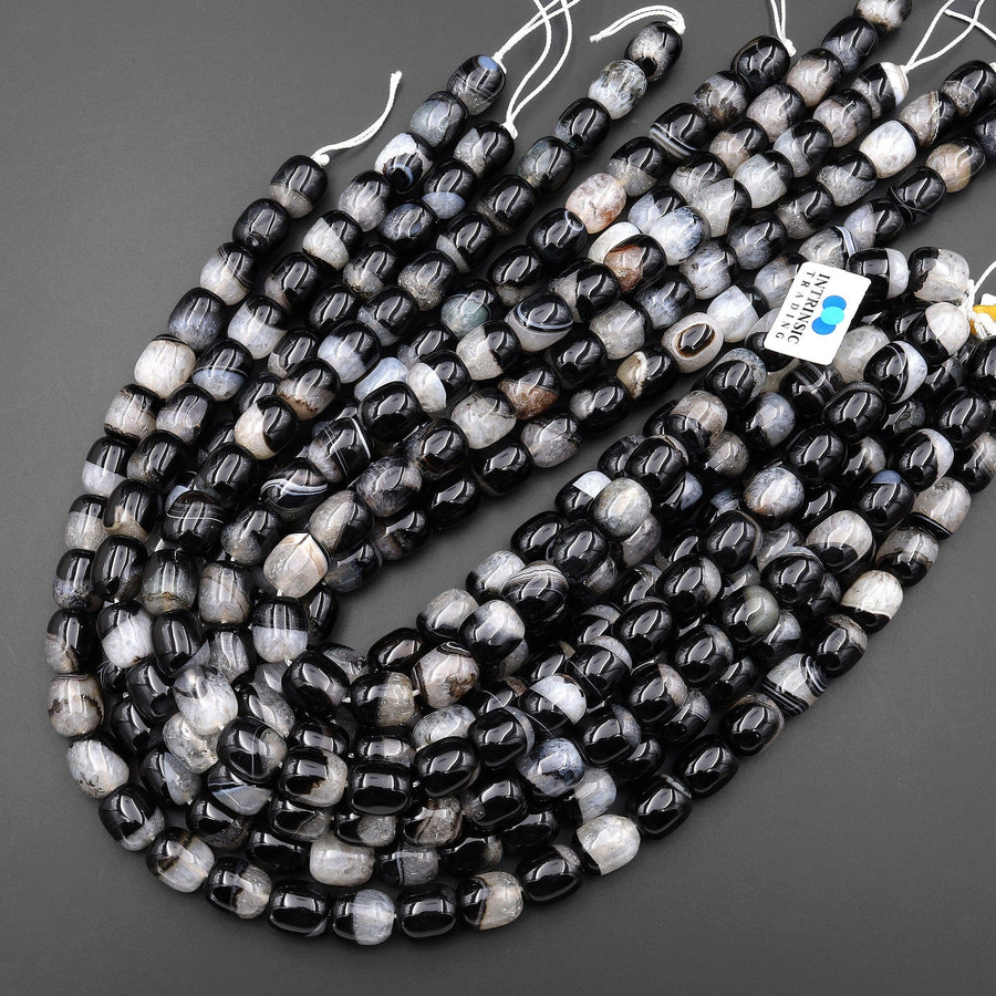 Natural Black Agate Smooth Barrel Beads W/ White Quartz Matrix 15.5" Strand