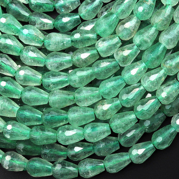 Faceted Natural African Green Chalcedony Teardrop 6mm 8mm Beads Vertically Drilled Gemstone Good for Earrings 15.5" Strand