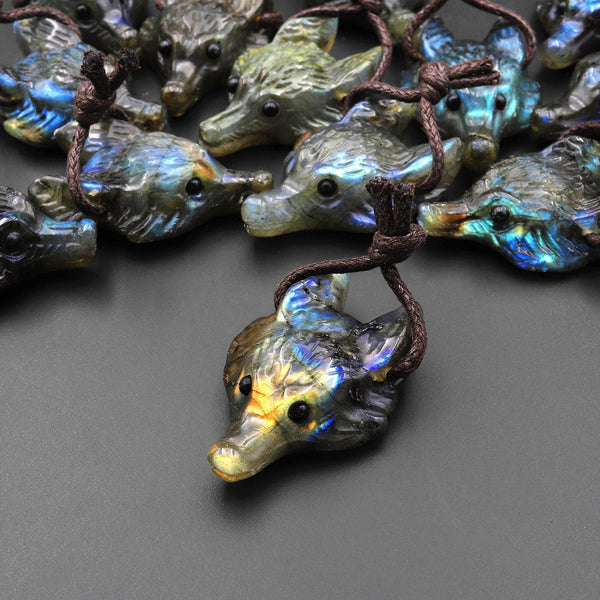 Natural Labradorite Gemstone Wolf Head Side Drilled Crystal Pendant Bead A6