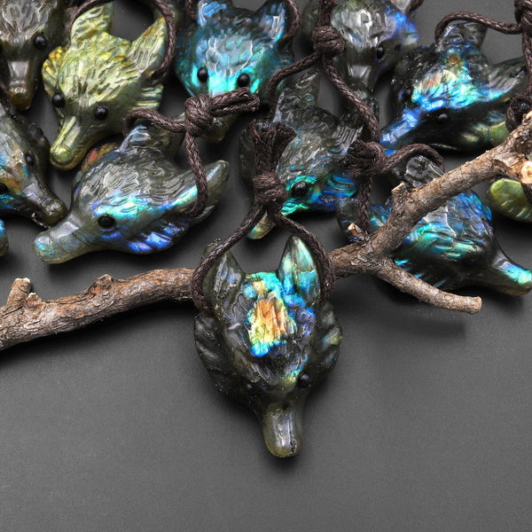 Natural Labradorite Gemstone Wolf Head Side Drilled Crystal Pendant Bead A5