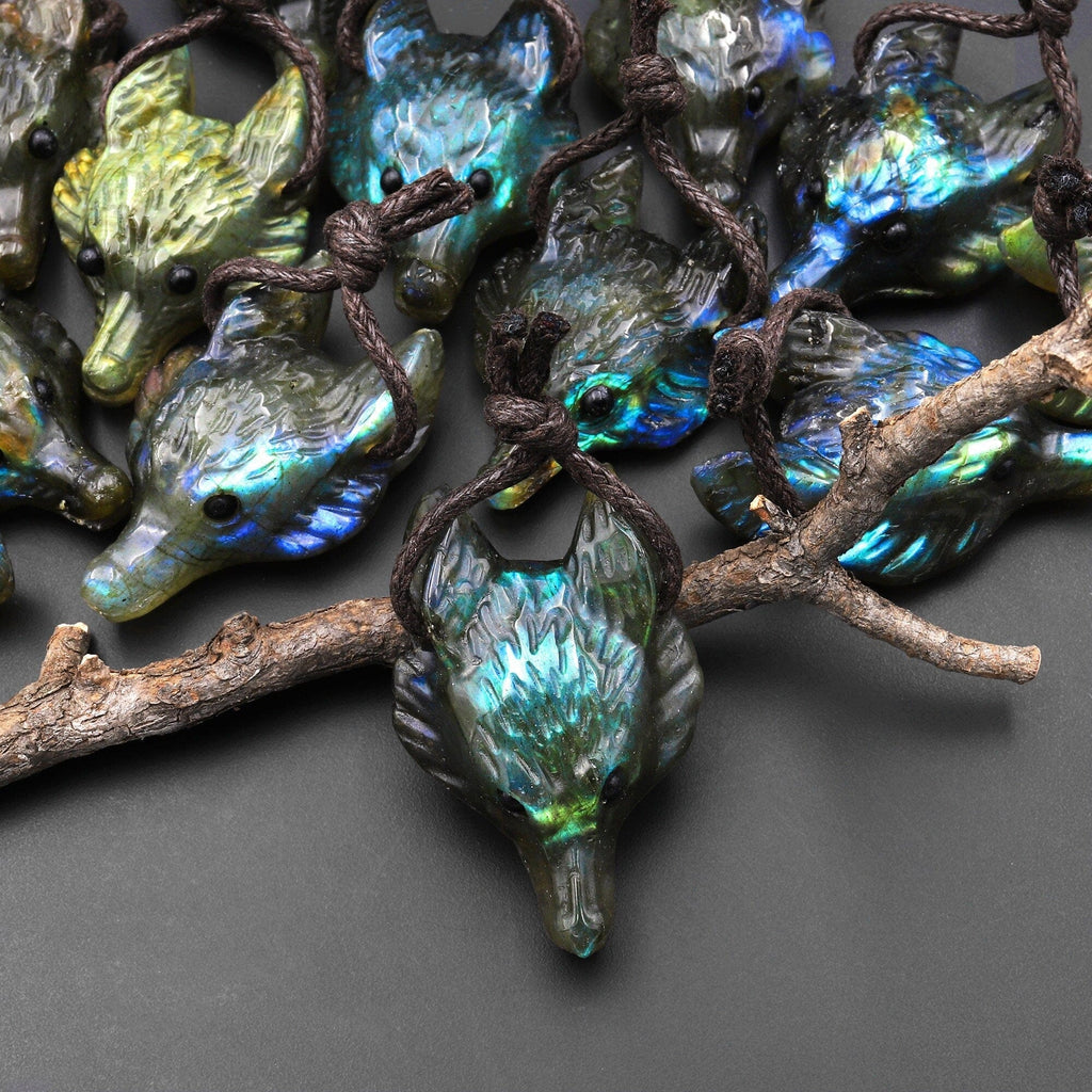 Natural Labradorite Gemstone Wolf Head Side Drilled Crystal Pendant Bead A4