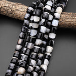 Natural Black Tuxedo Agate Smooth Short Cylinder Beads W/ White Quartz Matrix 15.5" Strand