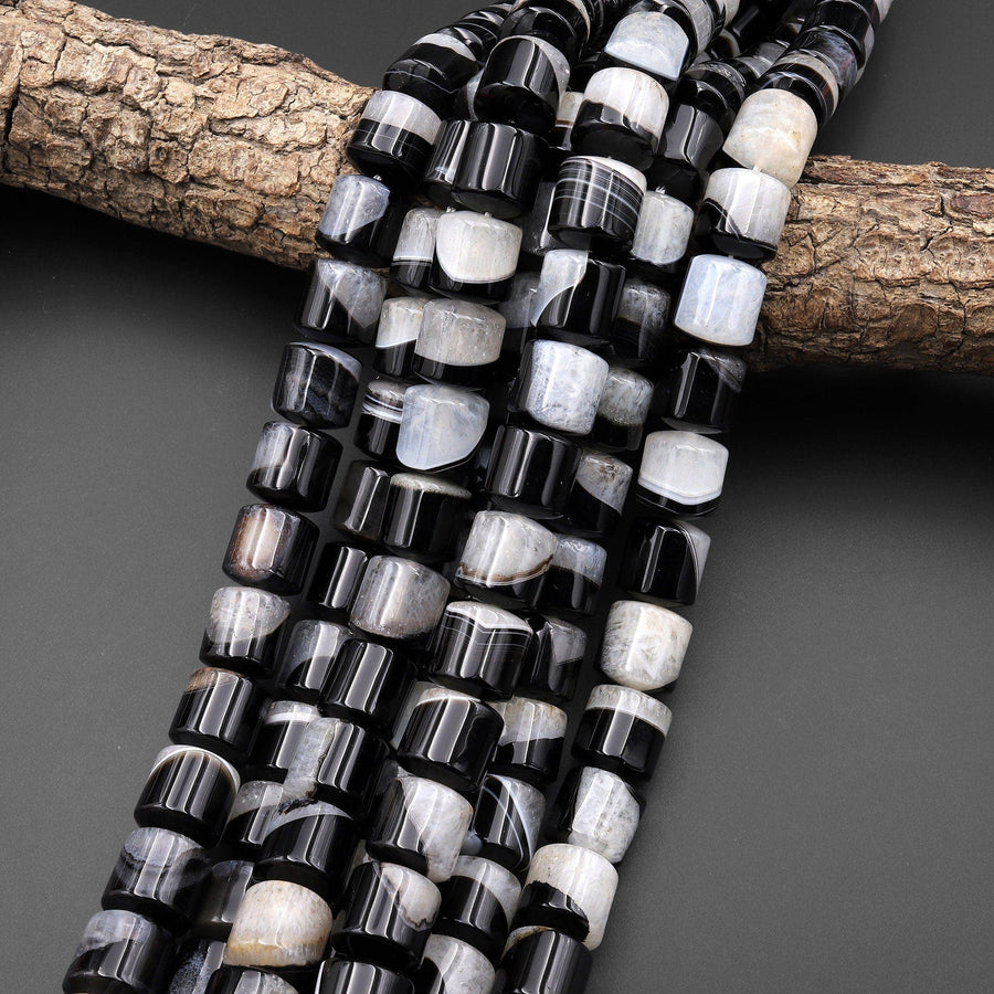 Natural Black Tuxedo Agate Smooth Short Cylinder Beads W/ White Quartz Matrix 15.5" Strand