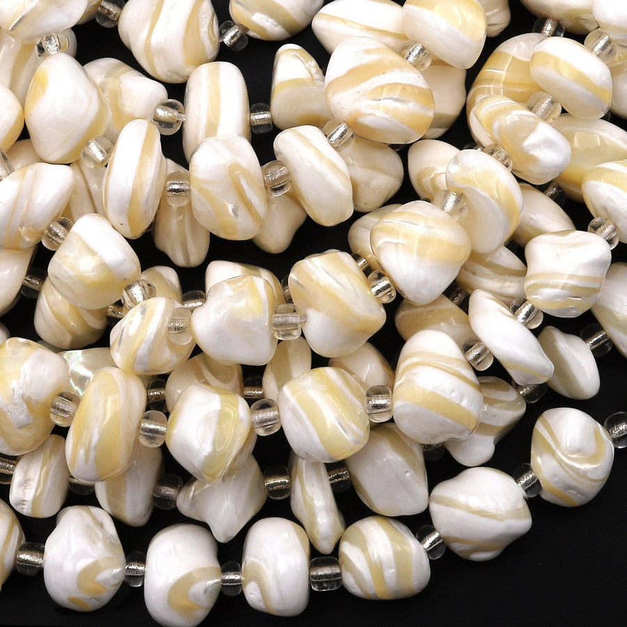 Natural White Mother of Pearl Nugget Beads Iridescent Yellow Swirls 15.5" Strand