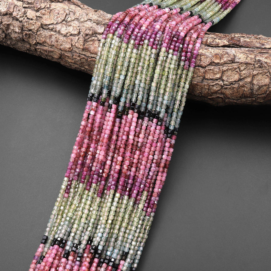 Natural Multicolor Fuchsia Pink Blue Green Tourmaline Faceted 2mm Cube Square Dice Beads Gemstone 15.5" Strand