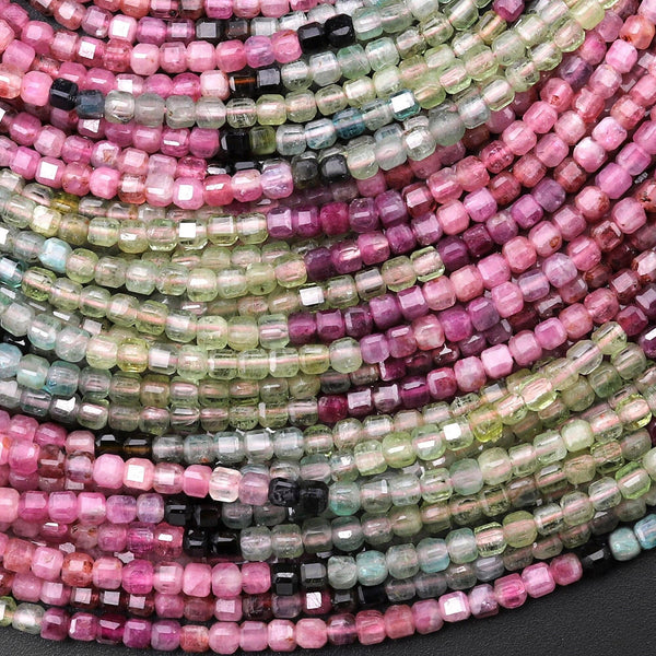 Natural Multicolor Fuchsia Pink Blue Green Tourmaline Faceted 2mm Cube Square Dice Beads Gemstone 15.5" Strand