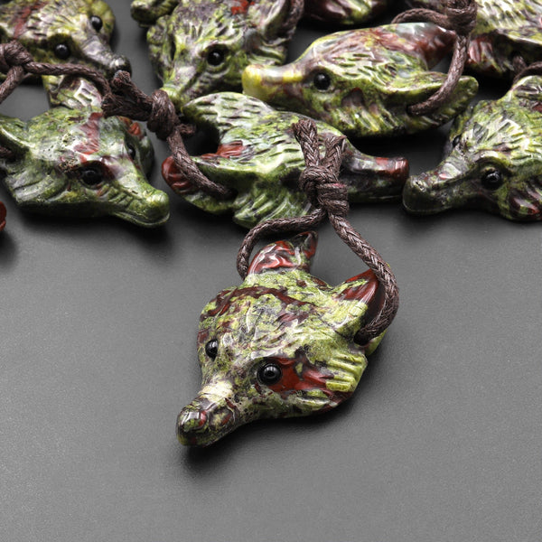 Natural Dragon Blood Jasper Gemstone Wolf Head Side Drilled Crystal Pendant Bead A1