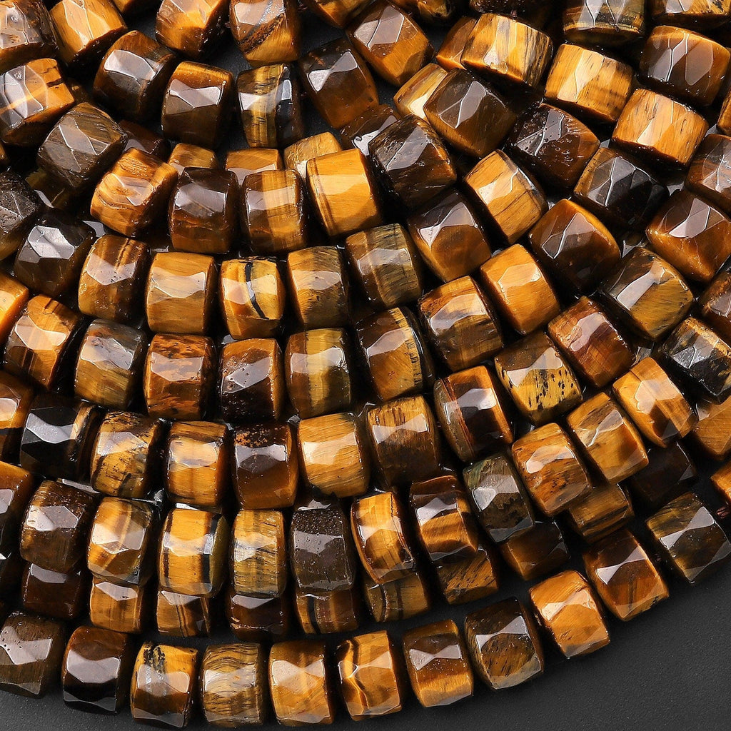 Faceted Natural Tiger's Eye 8mm Heishi Wheel Rondelle Beads 15.5" Strand